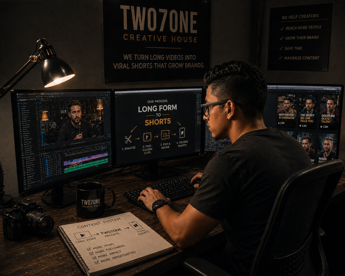 Two7One Creative House editing station for turning long-form videos into short-form reels